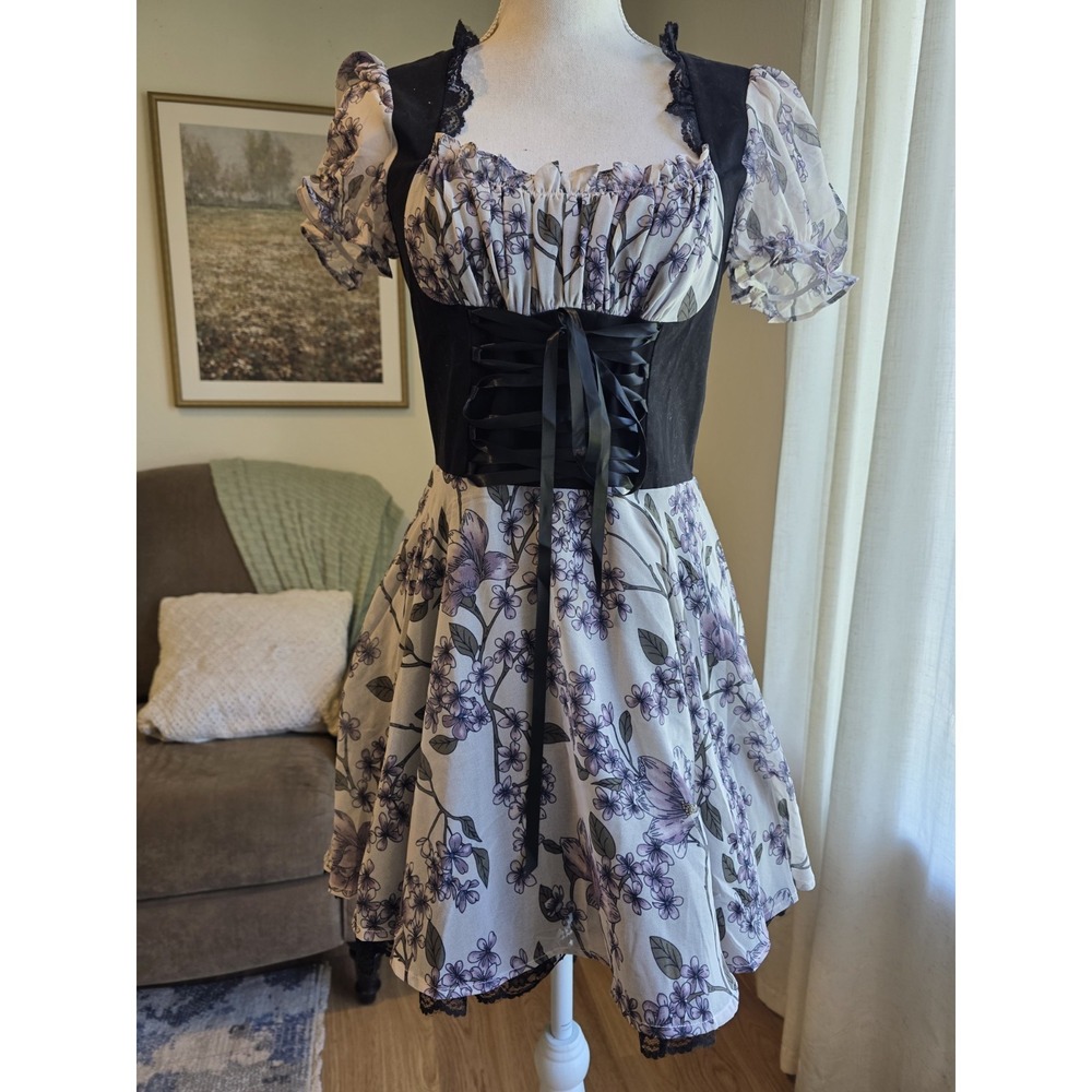 Dolls Kill Black and Lavender Floral Midi Dress